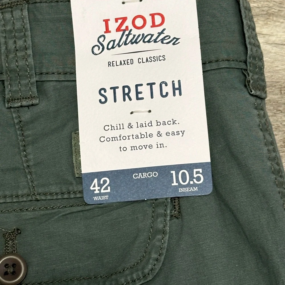 Men's IZOD Saltwater 42 XL Chino Khakis Cargo Utility Shorts Olive Green NWT - Picture 6 of 8